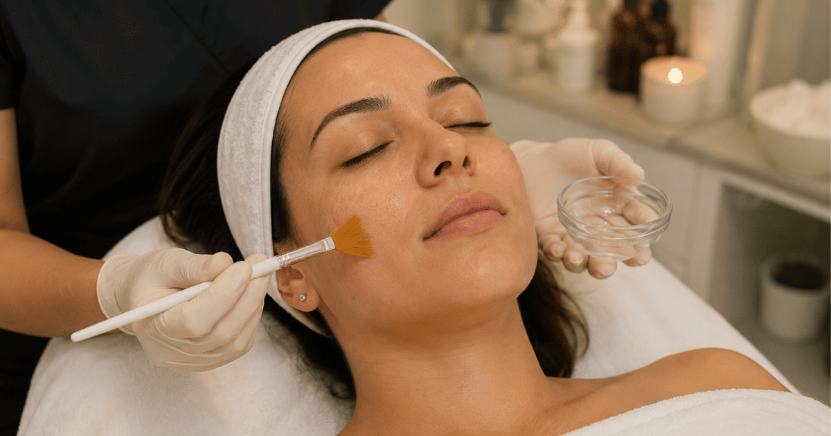 Woman receiving a professional chemical peel treatment at a medi spa for smoother, brighter-looking skin
