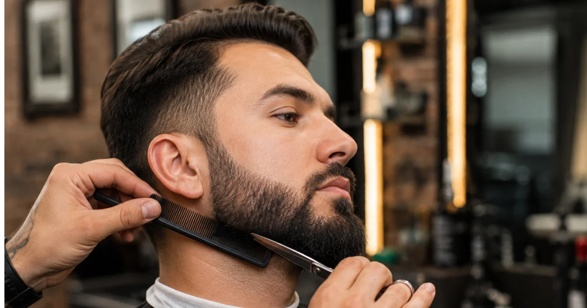 Barber sculpting a man's beard around the jawline for a defined, balanced facial appearance